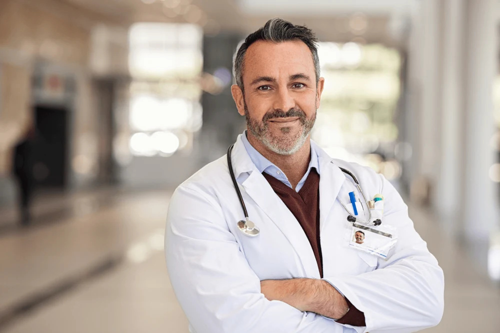 Illustrative physician photograph for the talk-to-the-doctor option